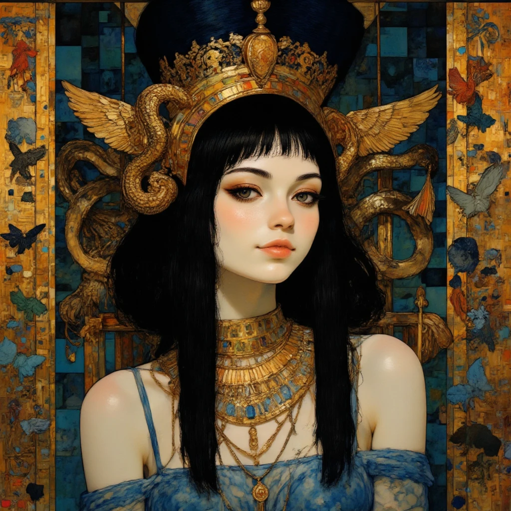 queen on her very  throne, engrossed looking down at a large gold coin she is holding in her lap (art inspired by Dave Mckean, intricate details, oil painting)
