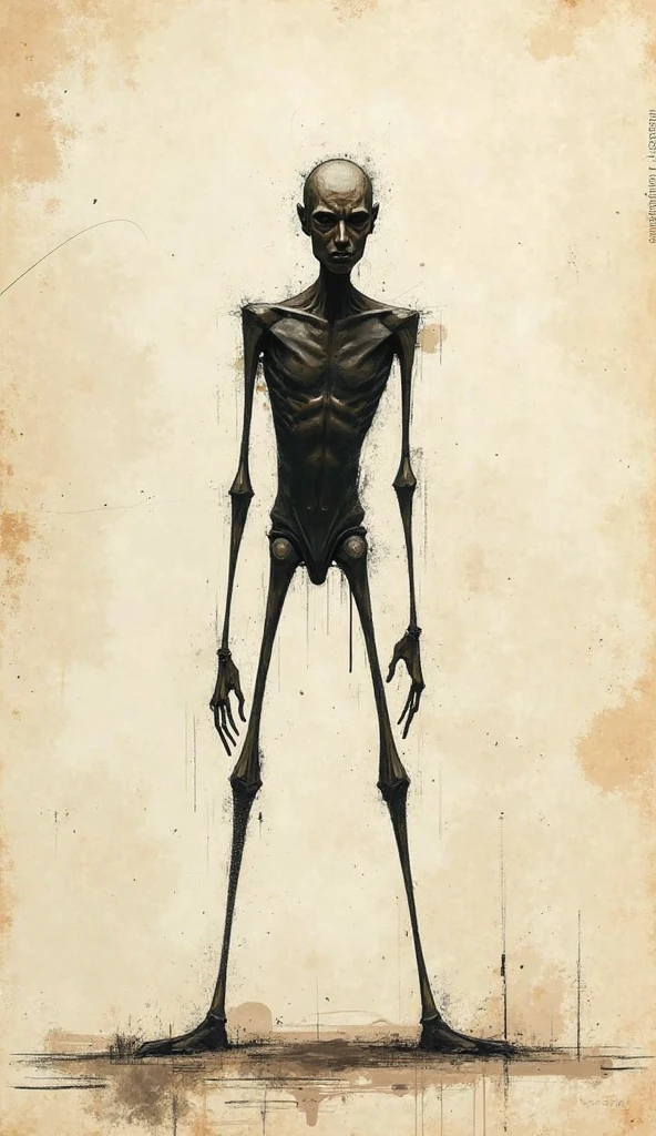 Please draw a young man of about 18 years old with white hair, a compound left eye with a black and yellow base, a kaleidoscope-like right eyeball, an emaciated torso, an abnormally developed and bloodshot right arm, a thin left arm, a sickle-shaped second left arm, and long legs.