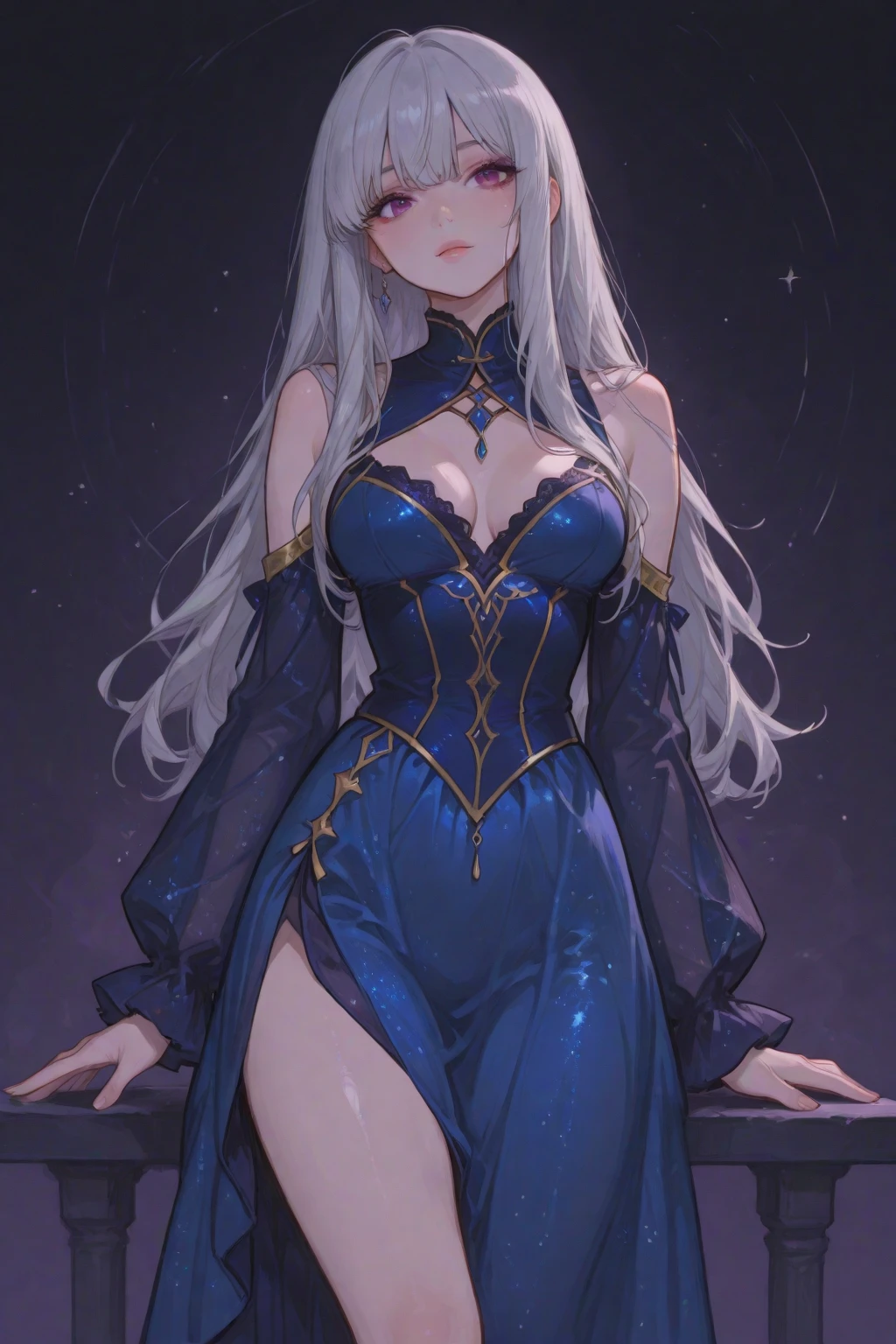 ((master piece)), ((very detailed, high quality)), dynamic angle, 1woman, solo, white long hair, wearing a long Dress, deep v dress,  big beautiful blue eyes, beautiful body, blue eyes, big bust, (sexy, flirting), lips, drow, dark elf, pointy ears, ((grey skin, dark skin)), arrogant, ((bulge)), ((sitting in a tavern, talking to other people)), 