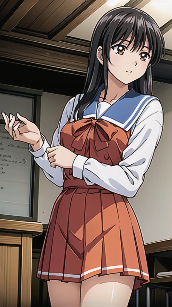 (masterpiece, highest quality: 1.2), alone, 1 girl, alone, panties，，black，Sailor suit，blazer，your heather,View your viewers, Long black hair, head band,  Earrings, Big Breasts, Medium Waist, Medium Hips, wide thighs, Embarrassing, Charm, Good move.., Excellent anatomy,panties，classroom，，Sailor suit，blazer，skirt， (((skirtめくり, I can see your pants)))，