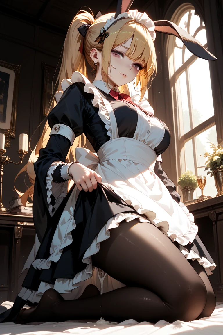 Saber Artoria de Fate Stay Night, dress style Kurumi Tokisaki of Date a Live black and orange, dos coletas en el cabello, cabello rubio,gothic
