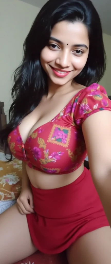 Indian busty gorgeously prettiest lady(face lookinlike Indian actress(beautiful face, beautiful nose, beautiful eyes, beautiful lips, beautiful navel,very large gigantic breasts,)) wearing saree. She is wearing Indian saree blouse, her huge large gigantic  beautiful breasts Coming out of her blouse but she is very shy. She is giving intimate look. Her she is showcasing her deep huge cleavage of huge saggy breasts lying on bed sleeping. Real skin texture. Real clothes, She is real Indian housewife, Full body photo, full picture. Her facial details are exceptionally perfect realistic. She is smiling softly. Her lips are perfectly crafted. Very shy sexy mother lying on side on bed. Shebhas voluptuous breasts. Mother is getting aroused by sexual intimacy. She is giving sexy pose. Her natural large breasts are so beautiful.