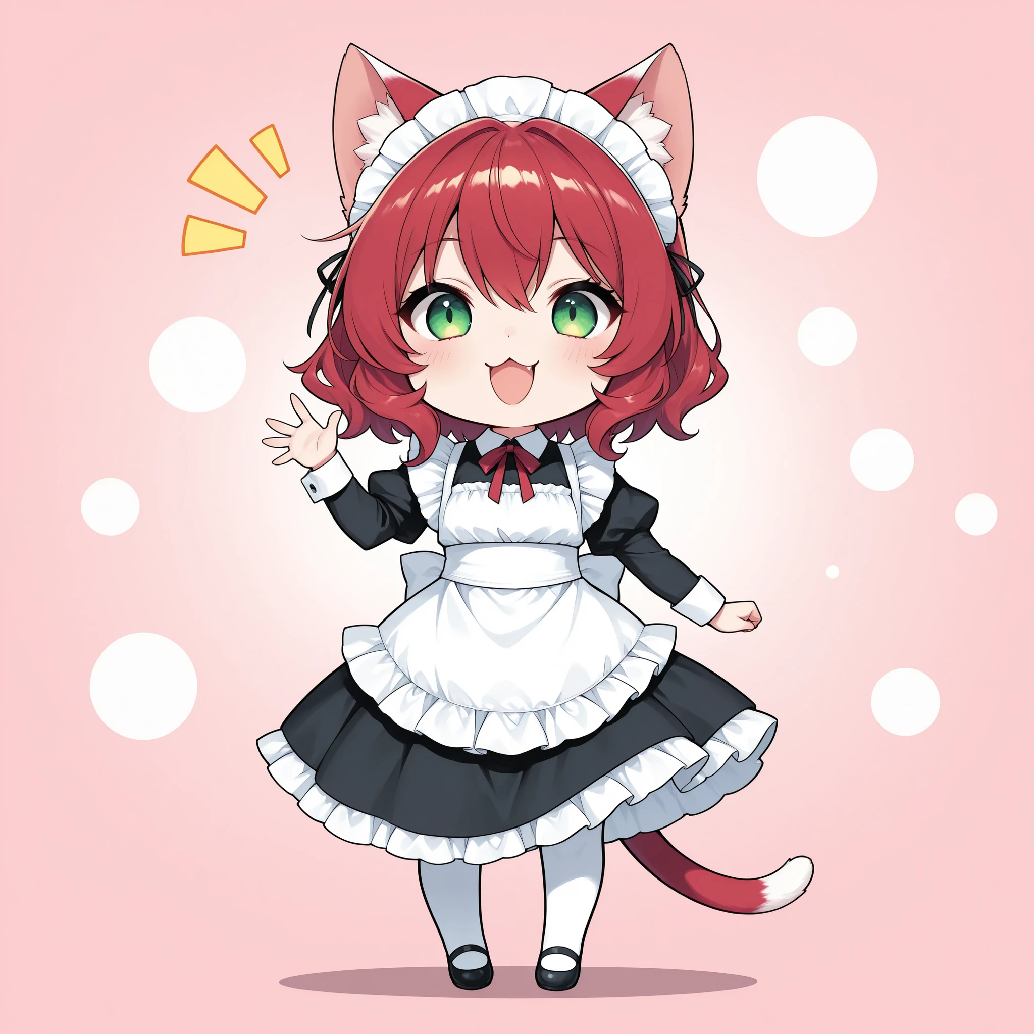 cute cat girl, genba _neko,chibi, waving, red hair, green eyes, :3, open mouth, pink background, white background, full body, (maid clothes, frill), 4K High Resolution, vibrant coloring, best quality, 4K, masterpiece, hyper detailed, studio lighting, ultra-fine painting, vivid colors, sharp focus, Extreme Details, professional, HDR, UHD, bokeh effects ,