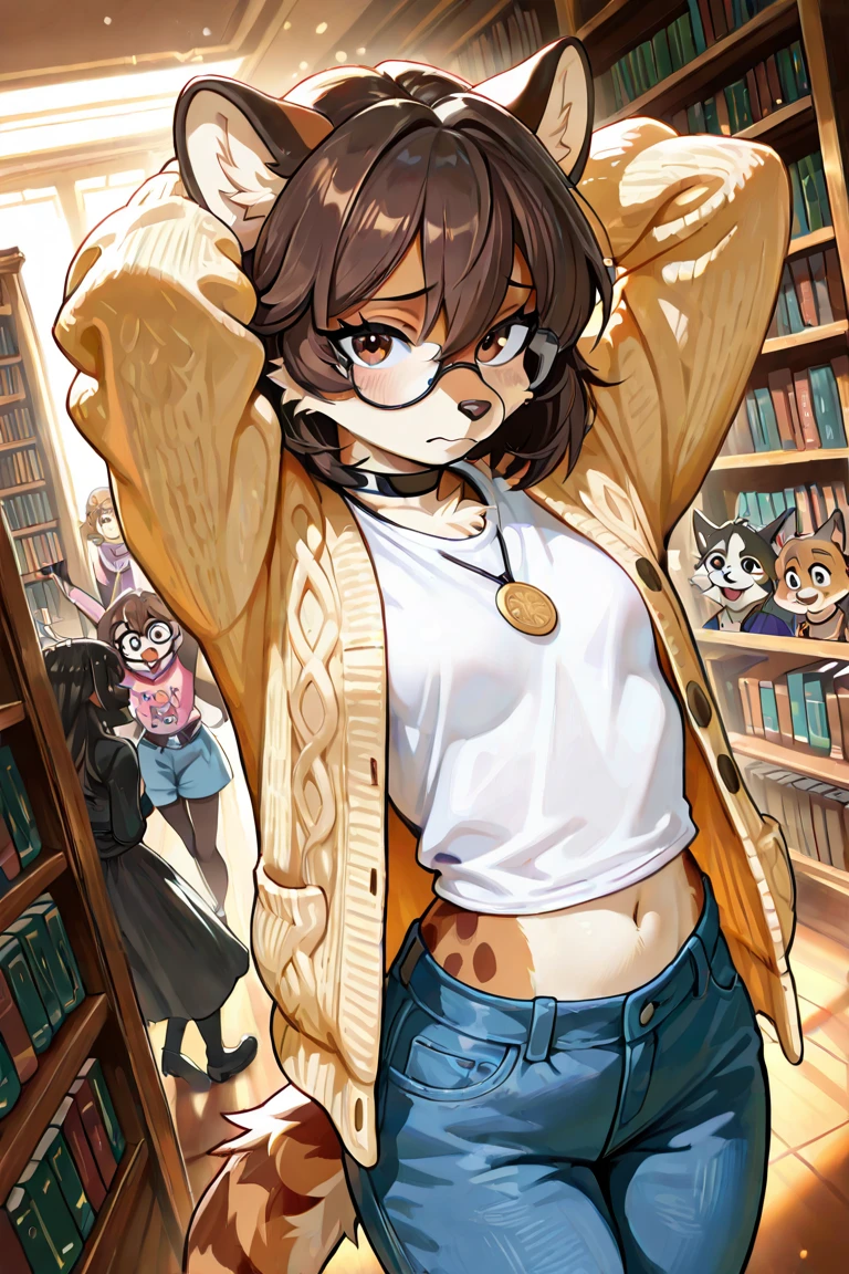 masterpiece, best quality, solo, (detailed eyes:0.9), (detailed lighting, depth of field:0.9), brown skin, green jacket, shorts, t-shirt, stomach,
leaning forward,
bookstore,
from behind,
dusk,
cropped torso,
Casuals,
smile,<lora:Polt_1:0.6>