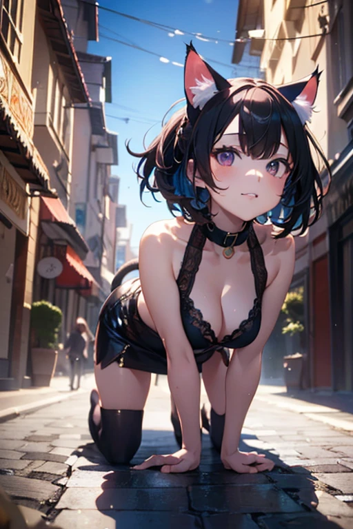 ((​masterpiece)), (32K), (Raw photography), (top quality), ​from above, (Looking down), higher than the sky, (Cute beautiful girl), very blush, (flying in the sky), messy medium bob, put on cat ears, small breasts, Wearing sexy bra, skyscape