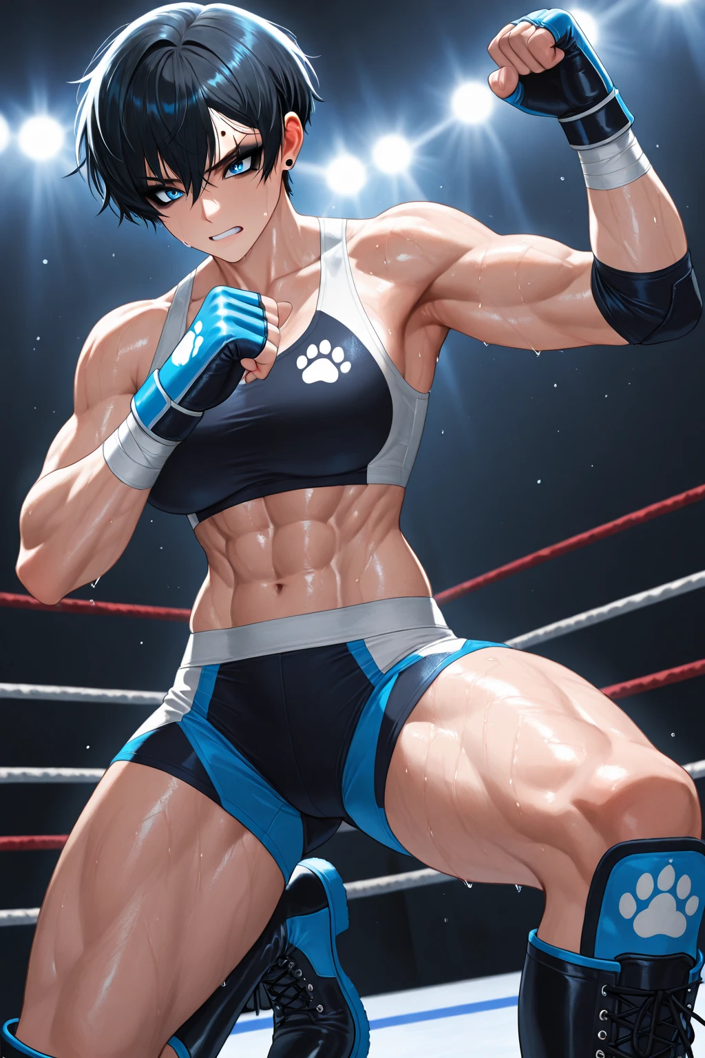 ((Best Quality, 8K, ultra-detailed, Masterpiece: 1.3)), 1boy, shiny skin, sharp, Perfect Body Beauty, realistic shaded perfect body, (cute baby face:1.1),("wrestling wear, big bulge ":1.2),(dynamic pose:1.1), thiulge focus:1.2) , all fours