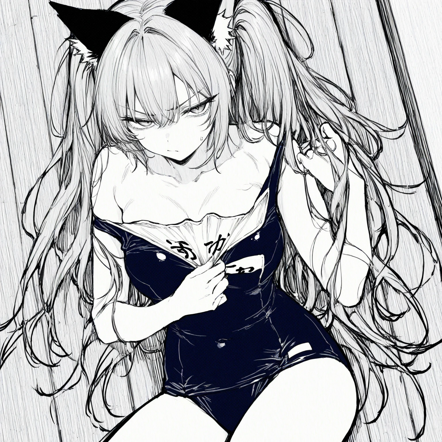 (8K, Best Quality, Ultra Detailliert, Highres, Absurdres, Perfect Anatomy:1.5, Masterpiece:1.5), (((1 Cute Girl))), (((perrine h. clostermann, perrine clostermann))), (((Yellow Eyes))), (((Black Glasses))), (((Long Long Hair:1.4, Bangs, Blust Bangs, Blonde Hair))), (((Black Cat Ears, Black Cat Tail))), (Slender Body, Dwarf:0.7), (((Small Breasts:1.0))), ((Big Hips:1.1)), (Smile:0.8), (Blush:0.9), (Ribbon Choker), (((Bikini, Floral Print))), (Wrist Scrunchie), Sandals, (Heart, <3), (Arms Up), ((Kneeling Pose)), ((Squatting)), ((Spread Legs)), ((Posed Photo)), ((Wide-Angle Photo)), ((Simple BackGround, Simple Colour BackGround, Warm Colour BackGround)),