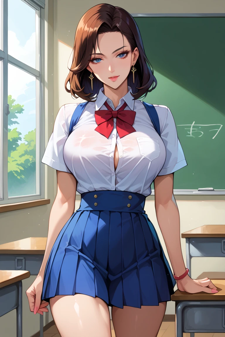 (masterpiece, best quality, ultra-detailed, high resolution, detailed eyes), takeda hiromitsu style, 1mature female, teacher, big eyes, curvy body, huge breast, cowboy shot, looking at viewer