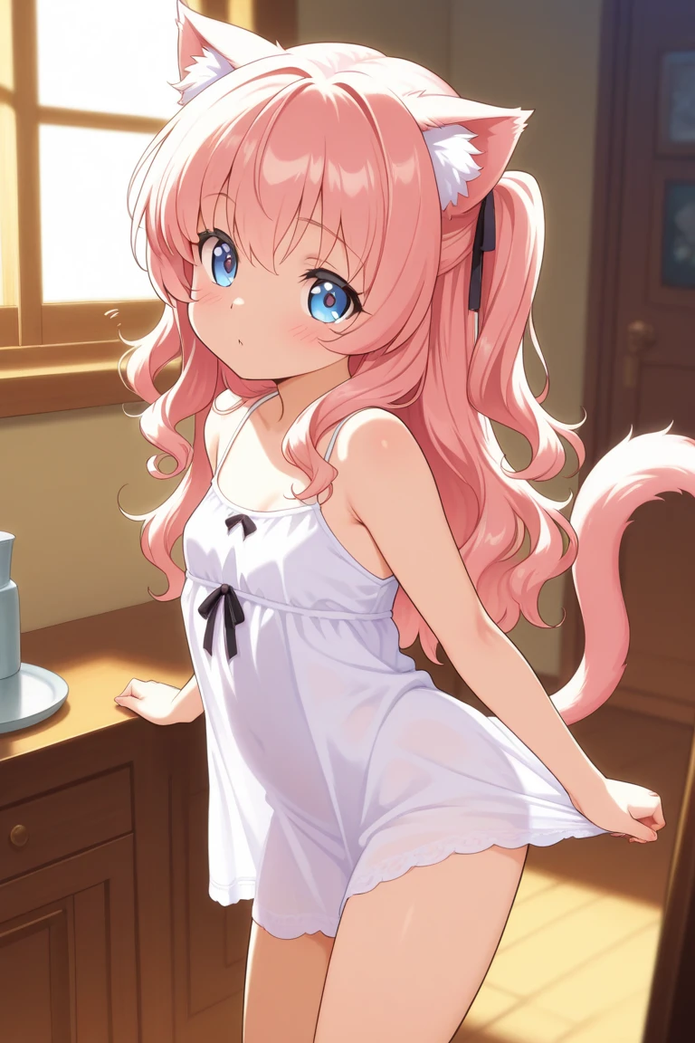 (Scribble on the face:1.8),(Highly detailed CG Unity 8k wallpaper), (Best Quality), (Super Detail), (Best Illustration), (Best Shadow), POV, Realistic lighting and shading, Natural light, Lens flare effect, BREAK, 1 beautiful girl, Solo,(Cute:1.5),(Chibi:0.8), (kawaii:1.5),(Lori:0.5), BREAK, ( (17 years old girl), Very detailed, colourfull, highest details, BREAK, (Huge breasts: 1. 2,), Clear skin, Beautiful skin, Shy skin, 1 beautiful girl, Brown hair, (Cat ears, Ponytail, medium-Long hair: 1. 2), (Light blue eyes, long eyelashes, Double eyelids: 1. 2), Solo, gleaming skin, BREAK, (Turning red:1.2), (She has her hair tied in a bun.:1.0), (Barefoot with colorful nails:1.0), (Pink belly roll,Pajamas for girls:1.2), (pink scrunchie:1.0), (star-shaped earring:1.1), (Lace headband:1.0), (Cute Accessories:1.3), BREAK,(Angle from the back,Washstand,Standing in front of a mirror:1.1), (twogirls:1.1), Standing ,(Face to face:1.2) Through the mirror, (hands on one's face:1.2), Large full-length mirror, (specular reflection),
