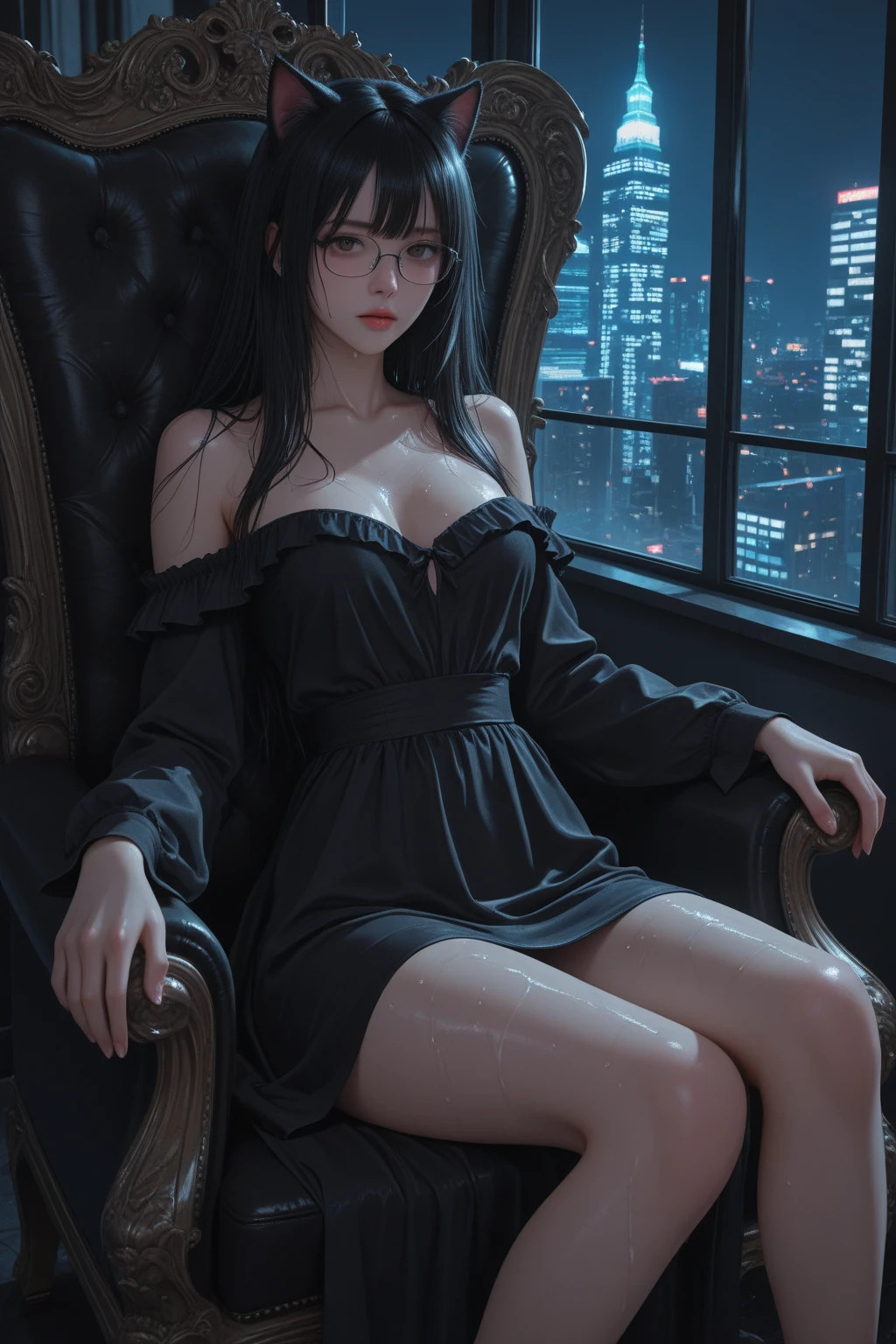 tall girl, white skin, brown hair with dual ponytails, thick body, black eyes, dark blue tent dress, dark blue bell sleeves, white boots, sitting on a couch, night city, fanart