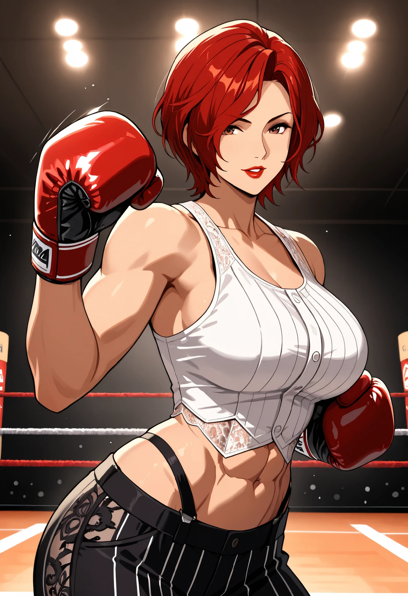 Anime style, 1 girl, solo, looking at viewer, mature woman, ((Vanessa from KOF)), short red hair, waved hair, parted bangs down, brown eyes, red lips, soft smile, parted lips, white tanktop, big breasts, abs, toned body, slim waist, attractive, motherly, lace, black social pants, boxing gloves, rosy skin, tall woman, sexy woman, pose, boxing stance, punching, soft light, in a gym, masterpiece, high quality, 8k, high definition, full HD.