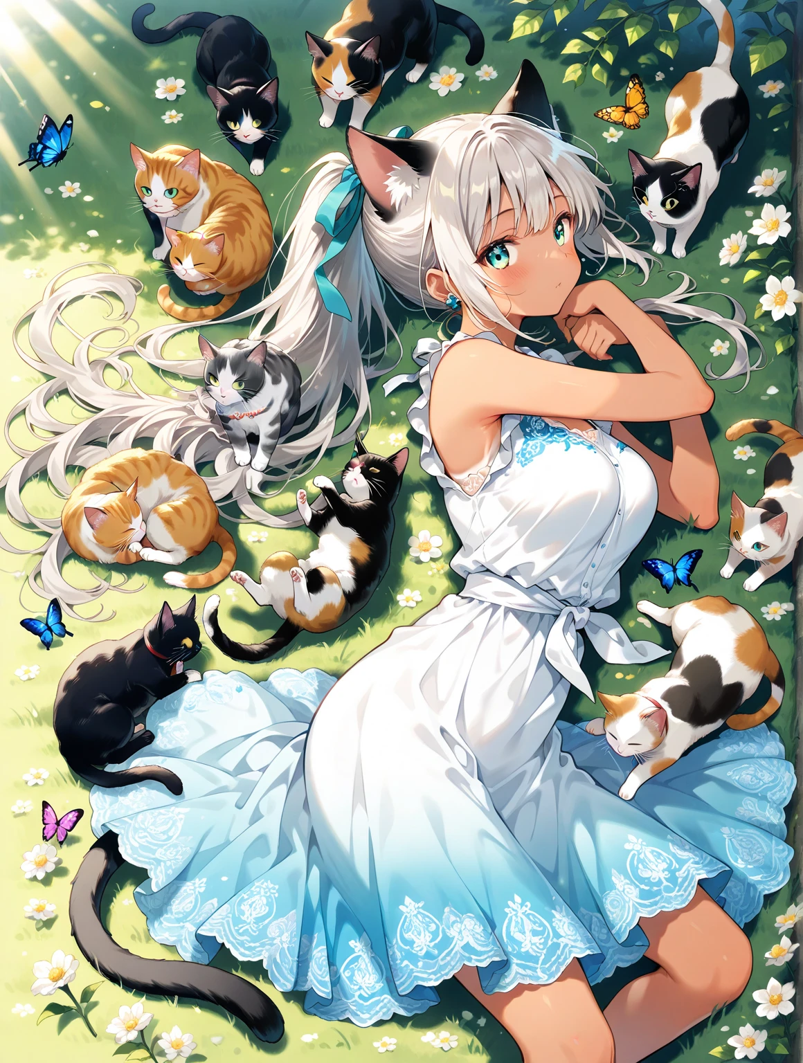 (best quality),(highly detailed),(masterpiece),(ultra-detailed),(absurdres),(((artbook))),((8k_wallpaper)),big ass,Bare thigh,huge_breasts,barefoot, 1girl, solo, animal ears, cat, barefoot,cat ears, short sleeves, grass, short hair, smile, white hair, puffy sleeves, white dress, maid, sunlight, brown eyes, dappled sunlight,petite, outdoors, puffy short sleeves, bangs, full body, tearfully, crying, cats, white underwear