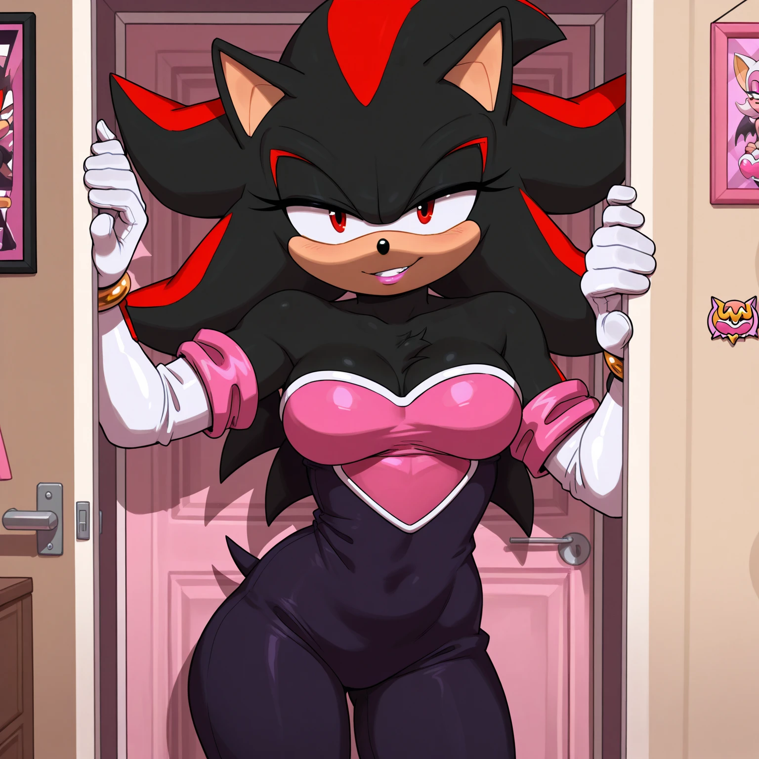 Shadow the Hedgehog da série Sonic the Hedgehog, Shadow the Hedgehog, but feminine, Female Shadow, portraite, cut the body, shocked expression, confused expression, sound lines, gaping mouth, to the Makeacs, light on lipstick, loose hair, long hair, high collar sweater, Sitting at the table, On a date, Bust Big, milf, looking at her chest, Eyes red