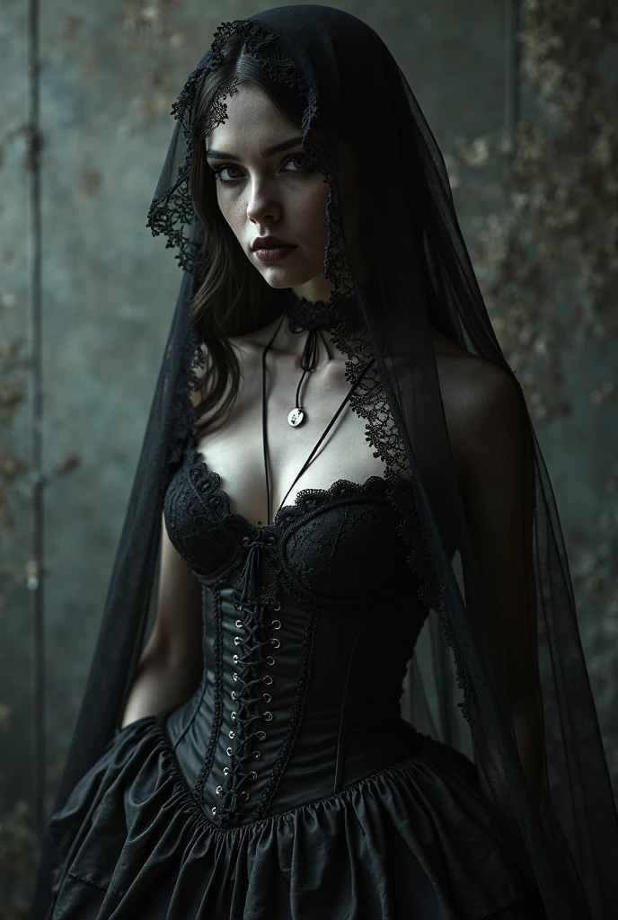 still from a horror movie directed by tim burton starring sks woman wearing a black full-length victorian wedding dress and black wedding veil, (cleavage:1.3), smiling, demure, looking up at the camera,dark, atmospheric, mist, best quality masterpiece, photorealistic, detailed, 8k, HDR, shallow depth of field, broad light, high contrast, backlighting, bloom, light sparkles, chromatic aberration, sharp focus, RAW color photo,<lyco:locon_natalie_v1_from_v1_64_32:1.3><lora:epiNoiseoffset_v2Pynoise:1.0>