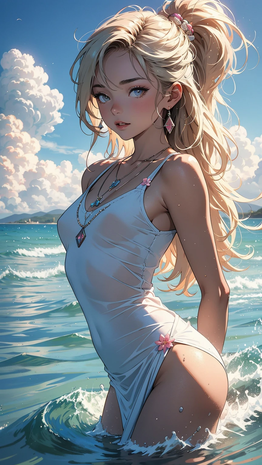 Blonde,Elf,Backless dress,Ocean