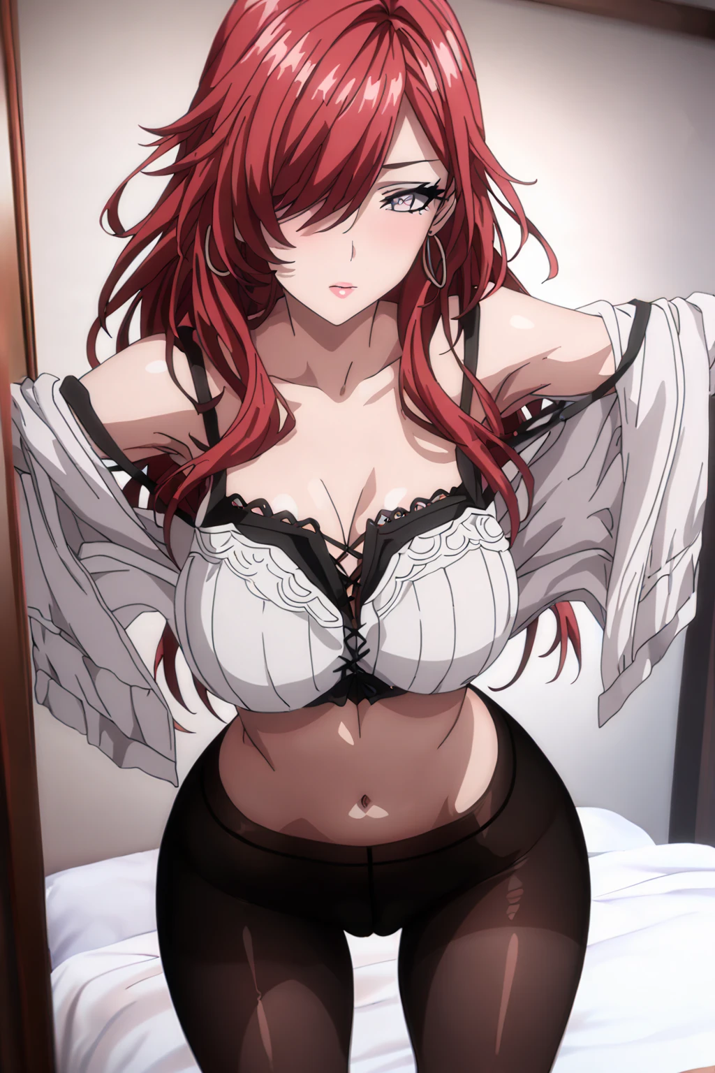 masterpiece, best quality,  mature female, xierda, red hair, long hair, skinny,   grey eyes, black tiara, (nude:1.2), (black bra,  black panties:1.3), necklace, earrings, expressionless,  on back, lying on bed, arms up,  bedroom,