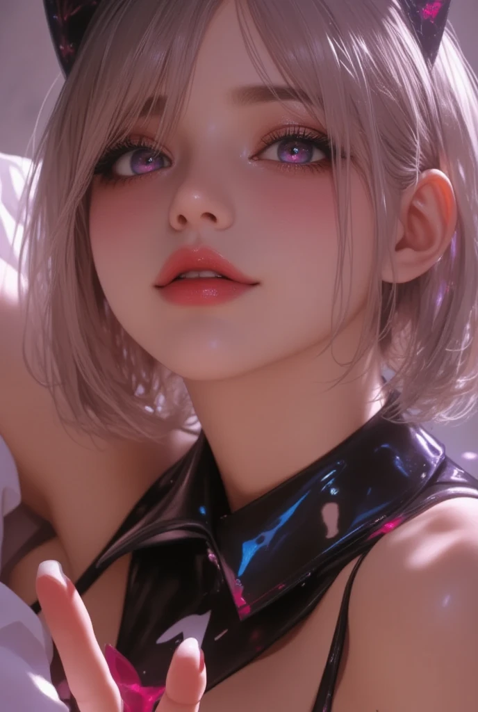 3045 futuristic girl closeup face red glow in Eyes, white hair , wares black leather , NSFW