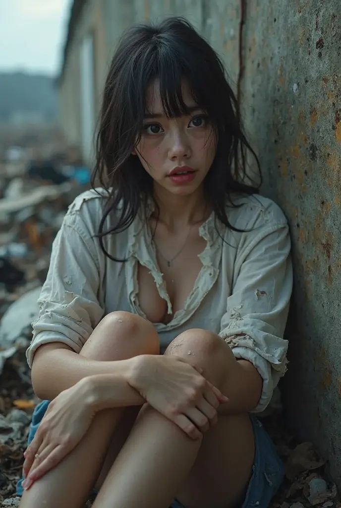 An 18-year-old Korean woman surrounded by a pile of garbage,aespakarina,Bobcut,Begging,beggar,(((Homeless))),((( Bad smell,Oil,Mud stains,shit,dirty))),(((Frowning,Glaring at the camera))),((((The room is filled with garbage))),Very fine eye, (((He&#39;s wearing a tattered black tracksuit.))),(((Tragic))),(make:1.3),Big eyes
