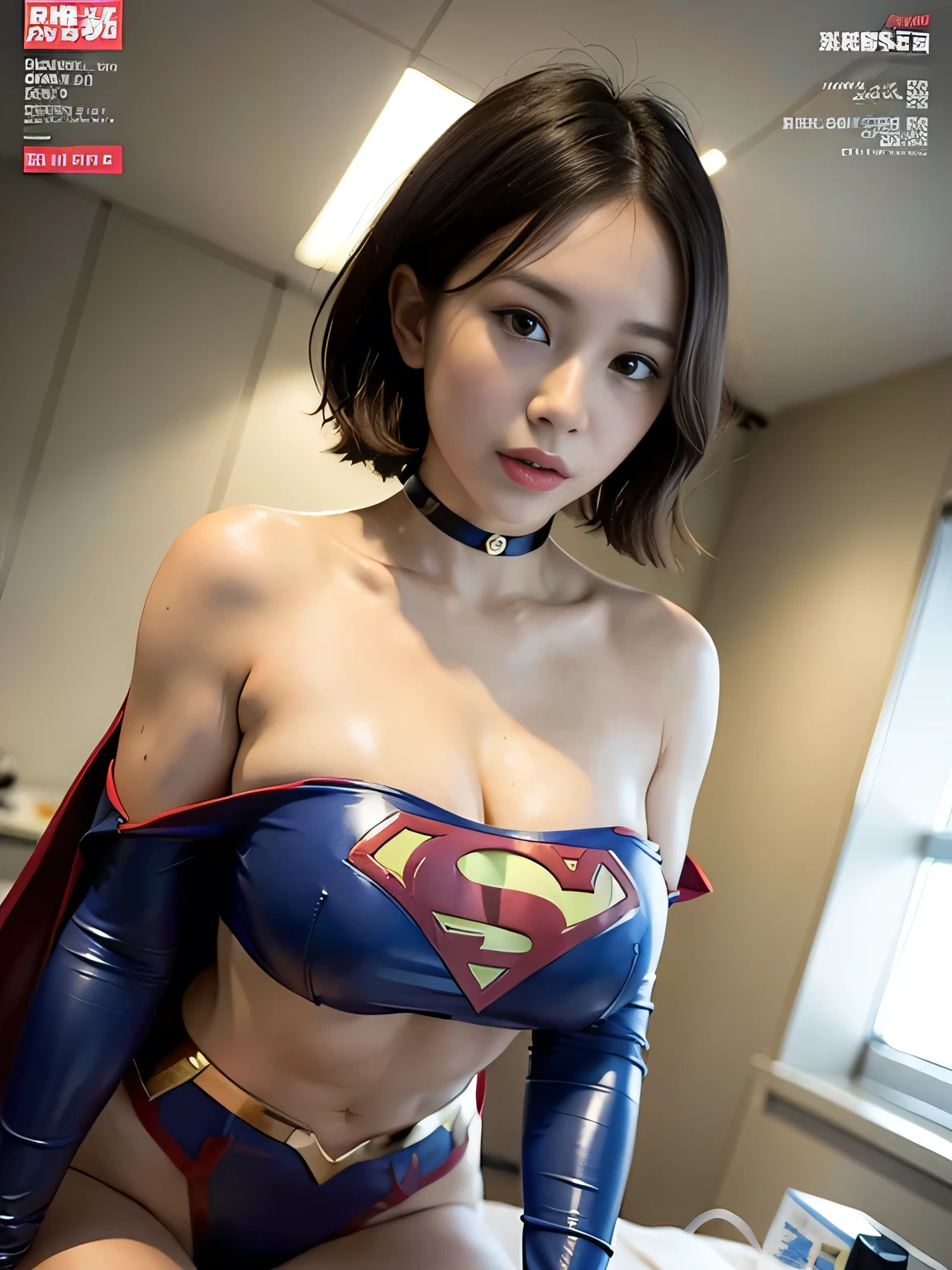 masterpiece、Rubber Supergirl Costume、Short Hair、Hospital operating table、Crisis situation、Big and ample breasts、looking at the camera、Shiny、Off the shoulder、choker、Long sleeve、exy poses to seduce、Sweaty skin、Model body type、Alluring、charm、Enchanting、Abused、test subject、victim、Wild、Photorealistic、latex、Expose your belly、athlete、High leg、Photo magazine cover、Cape、Sensual masturbation、wallpaper for pc、