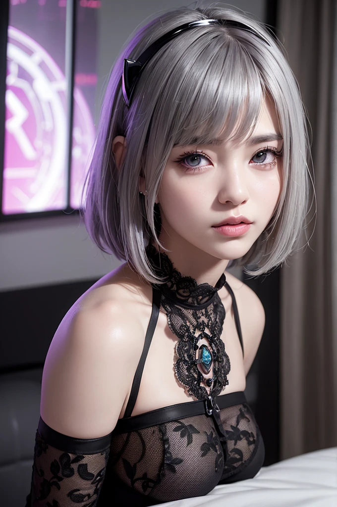 ((high quality)),Tabletop,(Detailed depiction of the site:1.2),1 Japanese girl,(Ample breasts:1.3),Enchanted Valley,Mouth closed,eyelash,Looking at the audience,Portraiture,alone,Upper Body,Gray Hair,White Theme,short hair,Silver Hair,Yoruhano. 2 Type B,