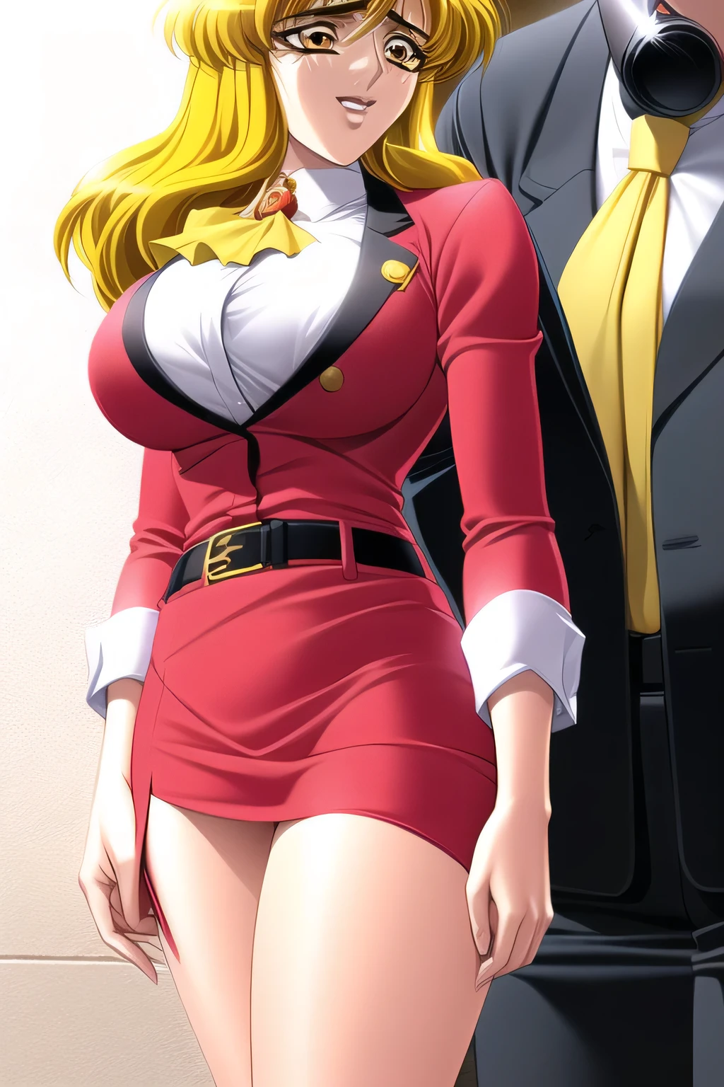 Woman with long yellow waves,in plain clothes,red costume,miniskirt,High Heels,,,Female detective,Masked,standing,please relax and smile,,More Delicate な表情が描けるかな,amazing thighs ,Beautiful legs,please relaX and smile,nice smile,More Delicate 表現が描けるかな, Beautiful woman with big boobs,,( don't trim your face because facial eXpressions are top priority {X} can you draw women with long yellow wavy hair), with big breasts,big breasts but thin waist,using cinematic lighting and ray tracing 。your face is a top priority。,amazing thighs ,Beautiful legsminiskirt女性を描けますか,,miniskirt,High Heels,,More Delicate ,please relax and smile,