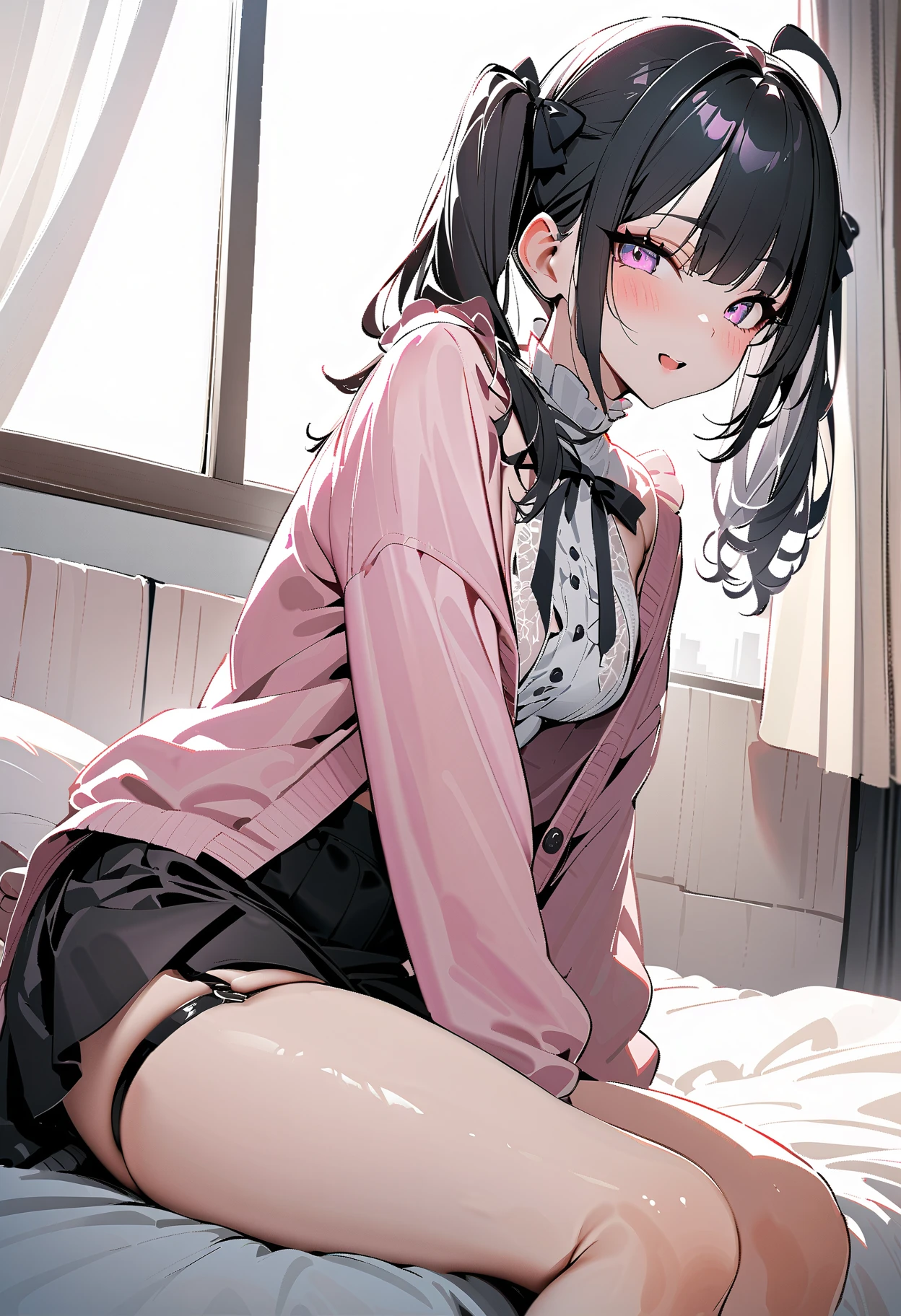 masterpiece, best quality, high quality, 4k, highres, anime, 1girl, 19 years old, purple eyes, colored lips, purple lips, pink eyeliner, makeup, long black hair with hair buns, pink bows on hair, smirk, white blouse, short sleeves, black pantyhose, black panties, on the sofa, sexy