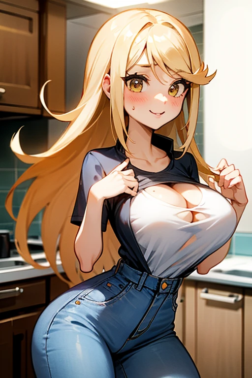 Anime Kawaii sexy Perfect Slim sensual body large breast and huge thighs, An intricate and highly detailed illustration of anime (Young girl) 最high qualiy、best quality image、work of art、adolescent((18-years old、 Becoming、vest bust、medium bust,wide open breast tea、Black eye, hair blonde、Usual hair、long hair、fine tune,higher valley、black tank top with navel、blue shorts、Holding a spray can、smug face、leaning forward)),high qualiy、linda arte、fund((Shining city、wand、graffit、paint))debris flies、Written limit depth、film、visual artwork、Perfect artwork、8k,genuine