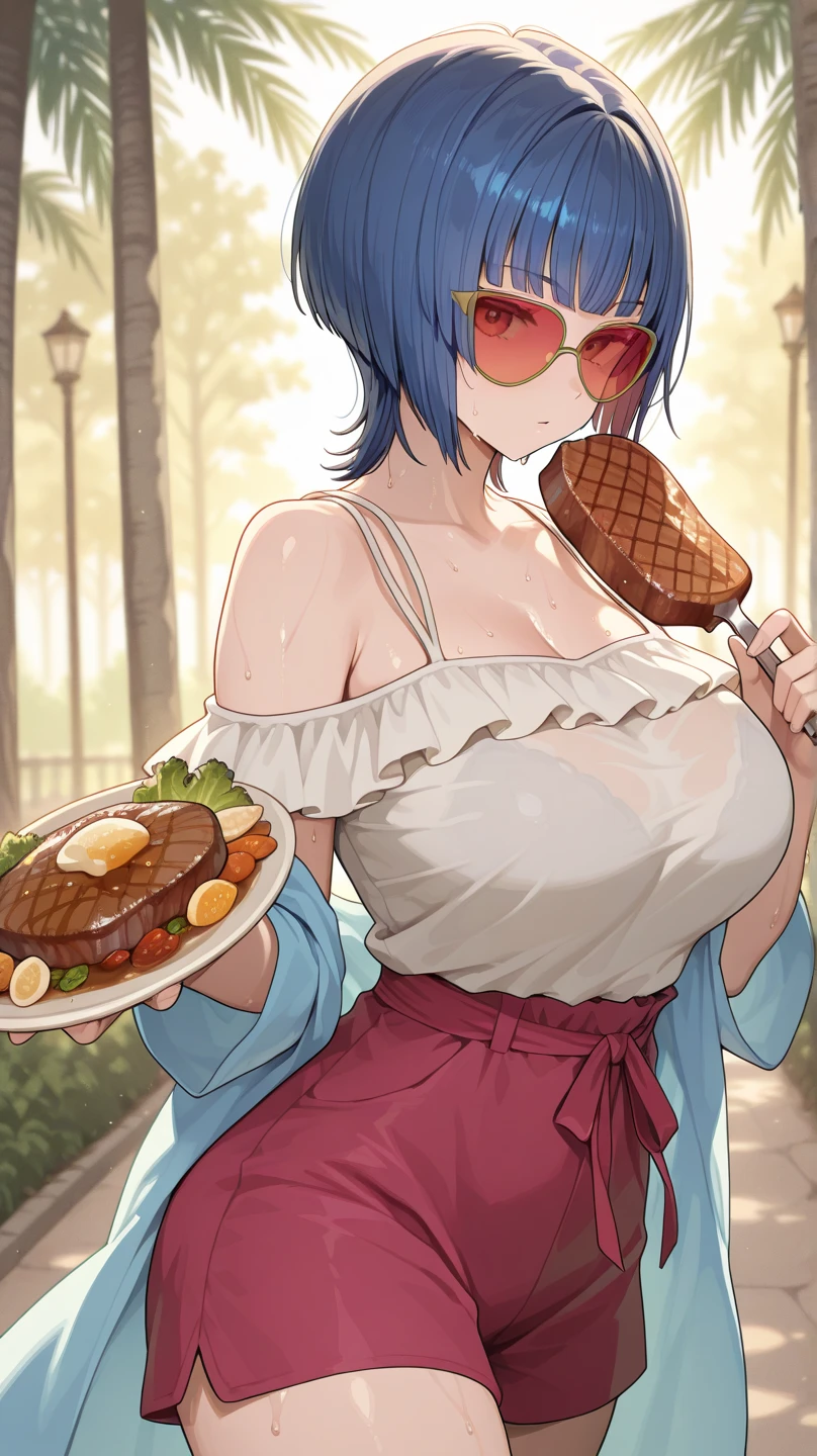 Masterpiece, highres, high Quality, detailed face, over-the-shoulder shot, solo, stoic, Gray eyes, dark red hair, swept bangs, low twin tails, white ribbons, black strapless shirt, black baseball cap, jeans, small breasts, toned arms, delivering food in bags and boxes to house, night, holding out bags, steps, front yard, porch light,