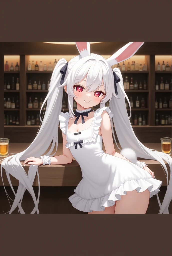 1girl, solo, long hair, big breasts, looking at viewer, smile, bangs, blue eyes, red eyes, dancing, bow, animal ears, cleavage, bare shoulders, twintails, medium breasts, very long hair, closed mouth, tail, white hair, pantyhose, sidelocks, indoors, bowtie, rabbit ears, blurry, leotard, cup, wrist cuffs, bare arms, strapless, covered navel, leaning forward, detached collar, fake animal ears, heterochromia, blue bow, playboy bunny, rabbit tail, strapless leotard, white pantyhose, white leotard,