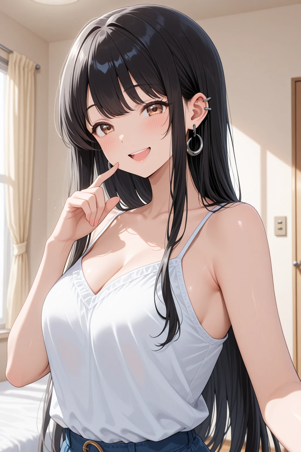 Shooting from above、Biologically correct five fingers、waving hand、Cleavage、Upper Body, Realistic, real person, (pale skin: 1.2), RAW photo, photorealistic, shiny skin, shiny hair、(A 25-year-old woman with medium-length hair and bangs) and (wavy hair) and (brown hair) and (orange eyes) , (sundress) and (white) 、smile, The background is the living room、Alone、Are standing
