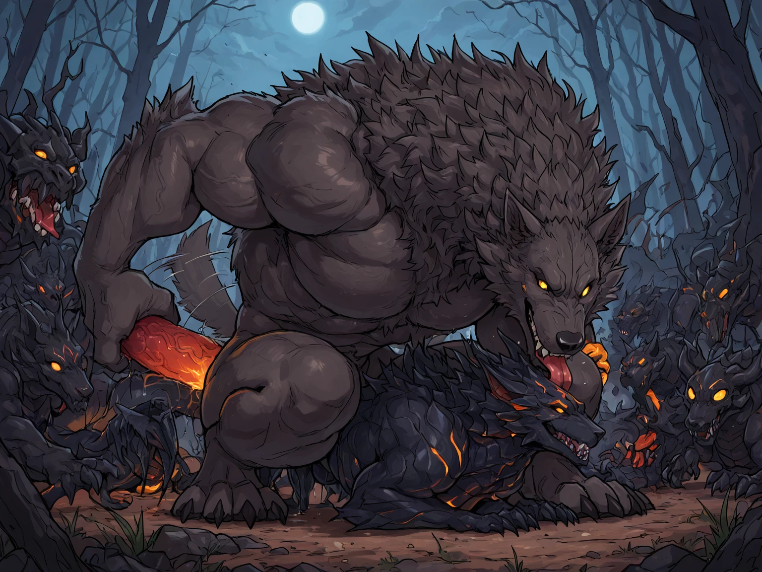 masterpiece,high quality,anime, ultra detailed
, 毛むくじゃらの雄の黒Wolf, Wolf, great physique,Strong arms, manly
, Completely naked, (Excessive sweating:1.7), Backwards, (On all fours:1.4), (Defecating:1.1), (Mountain of poop:1.6)
, Dark penis, A lot of semen, Big cock, erection,
, (Black and brown ass:1.7), Black anus
, From null-ghost, night, Dark Forest, night空, Bonfire light