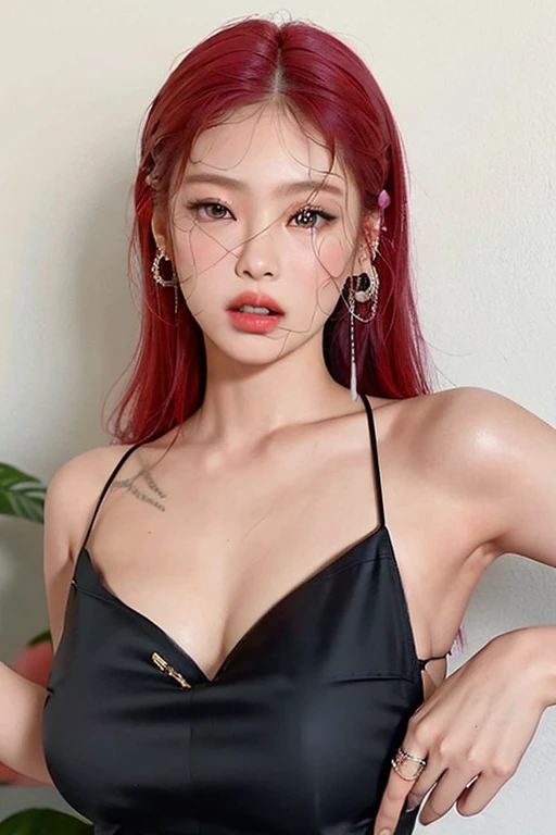 A beautiful Korean girl，Long pink hair，Tattooed with，full bodyesbian，Wearing a collar，Wear a black lace bra，Wear black lace panties，Wear stiletto heels，Wear black pantyhose，Bad girl，s the perfect face，Put on light makeup，Wear a ruby ring，Cool and funky style，On the dance floor，Ultra photo realsisim，8K