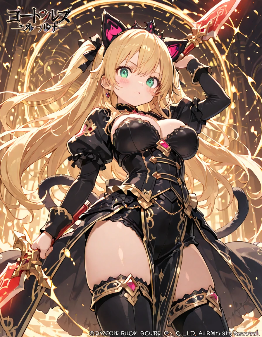 (masterpiece), best quality, expressive eyes, perfect face,((((1girl)))),(fox girl, fox ears, fox tail:1.1),((light brown hair)),(glowing yellow pupils),(huge breasts:1.4),cleavage,(goddess:1.2),(black and gold light Victorian dress:1.5),high heels,heart pendant,circlet,earrings,armlets,gold bracers,happy smile,standing,sexy pose,bright bedroom, studio lighting,cowboy shot,(gold garterbelets,black stockings)
