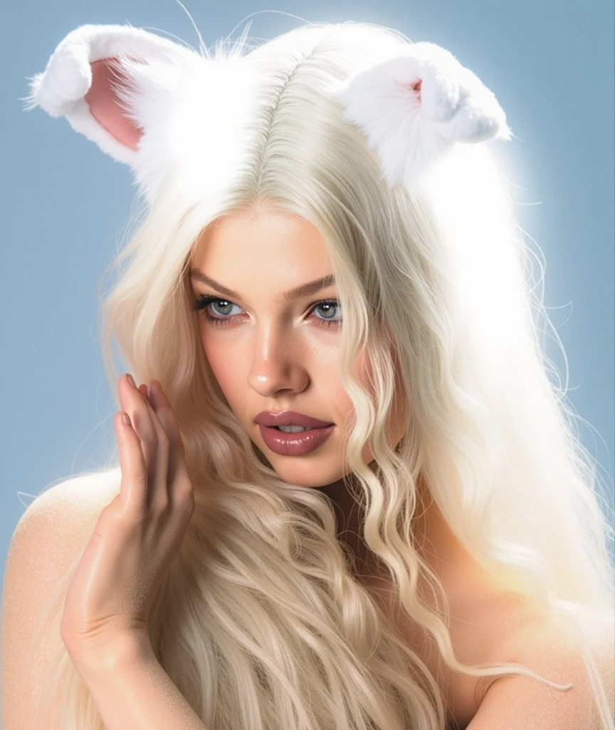 White bunny, ((crying)),((big scar in her adbomen)), fluffy stuffed animals, ethereal, sexy face, long white hair, athetic legs, bunny fluffy outfit, cute face, swear, 8k hyperrealist, (very detailed face), (selfie point of view), having fun, ((luxury)), model session pictures, bunny outfit