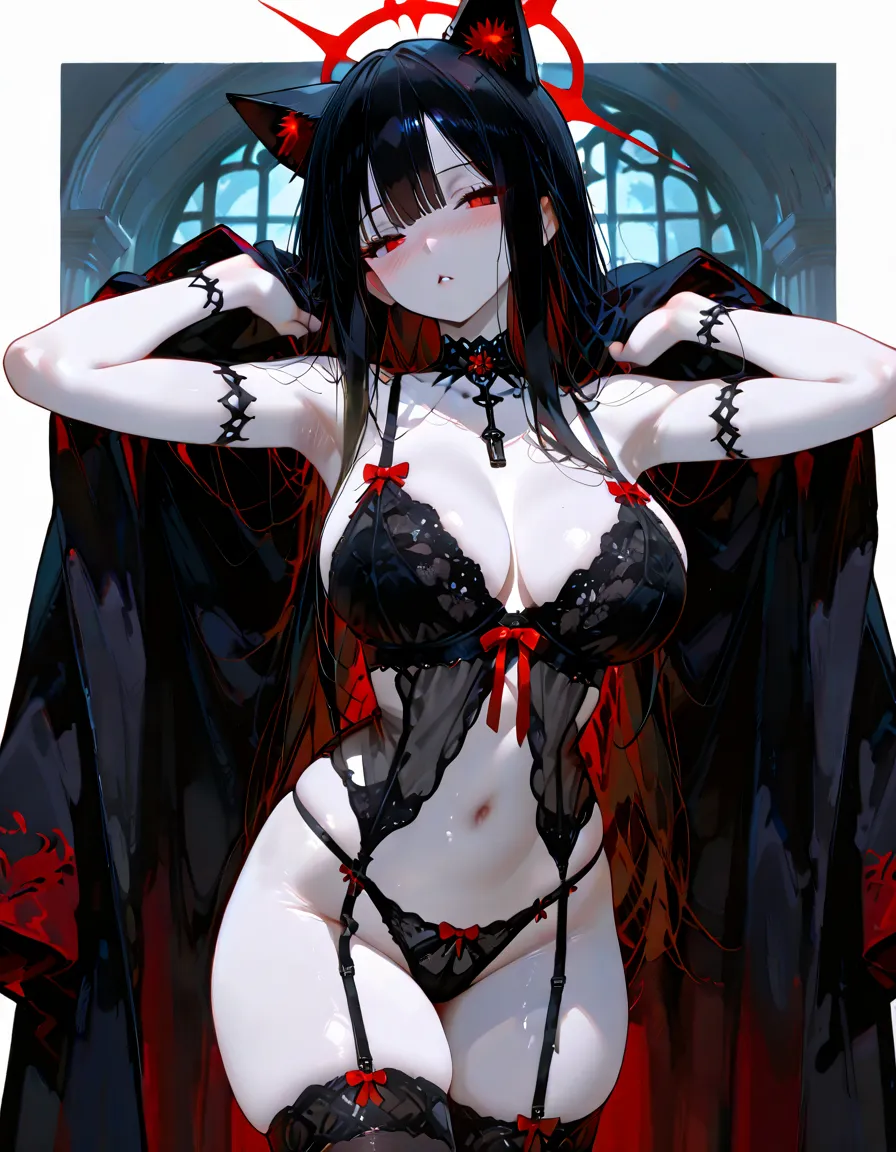 A close-up of a girl,Black hair,red color eyes,glowing light eyes,Separate the sleeves,black color dress,Cold,Perfect girly body,mediuml breasts,long leges,cat ear,black glove,the night,Lake surface,There are three cats next to it,Holding a black long sword,Indifferent swordsman,Separate the sleeves,Honkai Three style,style of anime,full bodyesbian,Reveal bra and panties,Bare chest,Spread your legs,seductiv,Fold your arms behind your head,Cover the navel,Need,tmasterpiece,Normal body,Normal muscle texture,Smooth skin