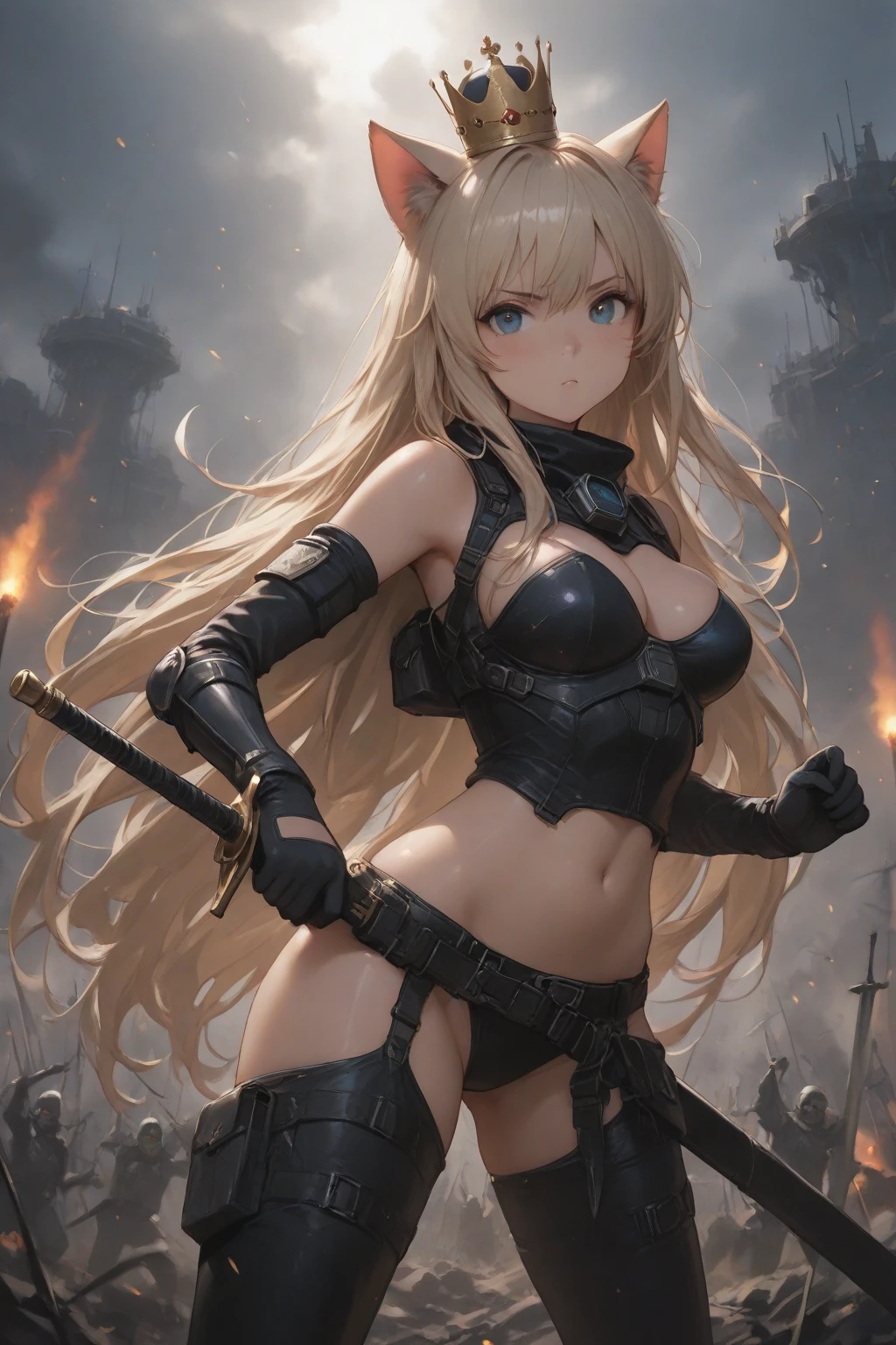 finest image, (8k, RAW photo, realistic), detailed and delicate depiction and flashy and dynamic painting method, beautiful silver wolf warrior, gold sharp eyes, huge breasts, abs, great proportion, battle uniform, black tube top bra, black high-leg panties, black engineer boots, machine-gun, background ruins, white haze, water drops, professional lighting