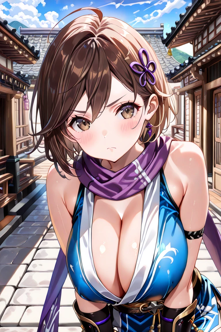 masterpiece, best quality, beautiful art, high resolution, well formed hands, body and fingers, 1 woman, solo, Lin Xiao Mei, cat ears and cat tail, hair ornament,  adult, grown up, big breasted, cleavage,  full body, braided long hair, blue_japanese_clothes, wearing DOA Kasumi's blue kunoichi dress, sexy and skimpy japanese clothes, kimono peek, sleeveless, white stockings, gorgeous legs and thighs,fighting in a combat match, showing her fighting skills, making her guard, about to hit the viewer, looking at the viewer,   sweating, bouncing breasts, smiling joyfully and brightly, being confident and proud, action and fighting scene, fighting cage on beach environment    