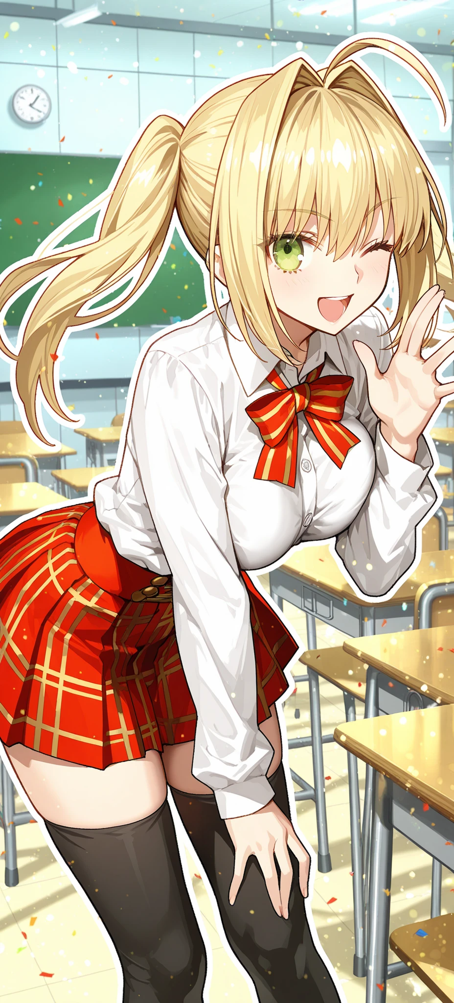 (red ribbon on hairband:1.2),masterpiece, best quality, highres, 1girl, solo, Blonde hair, RED eyes, High resolution, good lighting, , (No nudity), (nurse,white nurse uniform,white shirt:1.3),(open clothes:1.2),(ass out:1.2),(skirt pulled:1.2),(white thighhighs:1.1),, (turn around and look back), (((pointy_dss,from below))),, (((squatting:0.7))), (garter belt), abdomen only, (), , cute face,embarrassed and blush, humiliating, ((See-through))()(T-back)(a large amount of is on the body,)