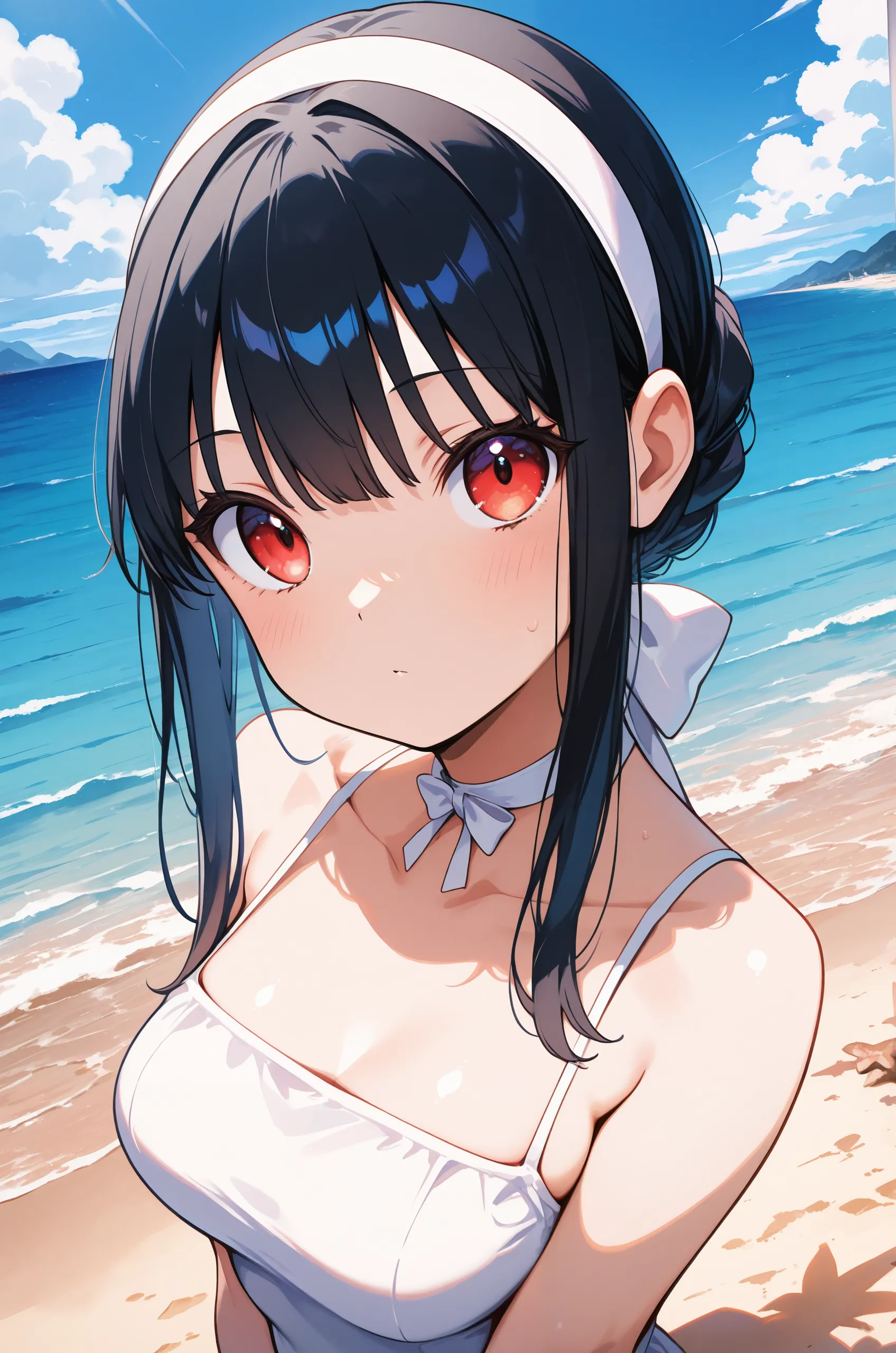 ((((highest quality)))), (((Ultra-precision CG 16K))), (((masterpiece))), (((Very detailed))), (((Extremely detailed))), (((Black outline:1.3, Written boundary depth:1.3 , Written soft outline))), Maximum clarity and sharpness,Multilayer Texture, Surface Shading, Cinematic lighting, Beautiful details sparkle ,Perfect Proportions, Limited to three woman, BREAK accurate, Anatomically correct, Highly detailed face and skin texture, drawn in detail, Highly detailed facial and skin texture, Detailed eyes, beautiful hair, Beautiful Japanese Idol face, Beautiful and beautiful eyes, Beautiful body, Beautiful breasts, Beautiful thighs, Beautiful legs, Beautiful fingers, (Beautiful views) , skinny body, ((Beautiful Skin)), ((Skin Texture)) BREAK breast enlarged, medium Breasts, rocket breasts, (((perky breasts))), (covered nipples), slender waist, ( swollen face , upward glance , narrow eyes, blush, determined expression, sweaty, ) , (streaked hair, hair intakes, colored inner hair, ) BREAK (((wearing zqj clothing , wearing sex tank top in the form of thin strings printed literals, wearing pleats mini-skirt, breasts is covered by outfit))) , wearing earrings, BREAK ( stick breast out),(((looking at viewer, super detailed background , ))), BREAK ((((portrait, extremely close bustup shot, looking at viewer, \(face waiting for kiss\):1.3, bending over, from above )))), (natural make),  