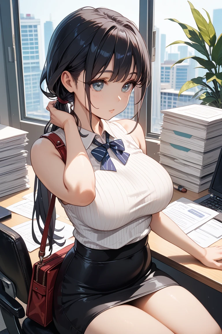 highest quality, Flying debris、Beautiful woman、officeレディー、Black Hair、(Brown eyes、Big Breasts、Blunt bangs)、short hair、チェック柄のダークブルーのofficeスーツ)、new employee,Full Body Shot、Female office lady、break(Dark blue checked vest、White dress shirt、Navy blue long tight pencil skirt:1.2)、(Black Knee High、High heels)、break(office:1.3)、Cleavage、Shirt buttons fly off
