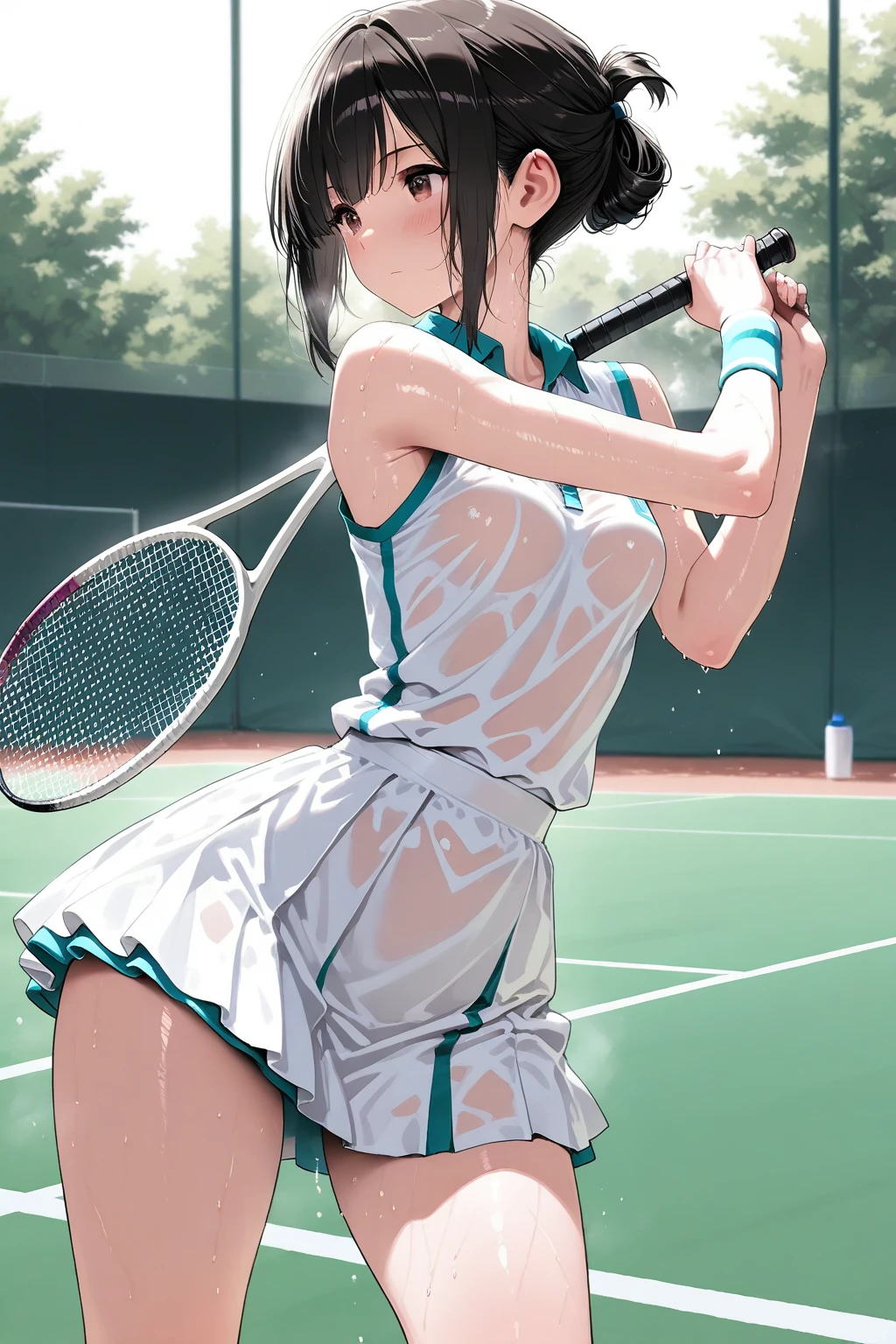 1girll，tennis player，s the perfect face，crisp breasts, Convex buttocks,Tattooed with，White sports short sleeves，Short white pleated skirt，White sport socks，White tennis shoes，Wet hair，High ponytail，body soaking wet，Swing the paddle，tennis court，Sunnyday，Clouds， Detailed background, Clothing details, perfectly proportioned, filmgrain, Fuji colors, lightand shade contrast, tmasterpiece, high detal, high qulity, A high resolution, Cinematic lighting, 8K, Textured skin, Super detail