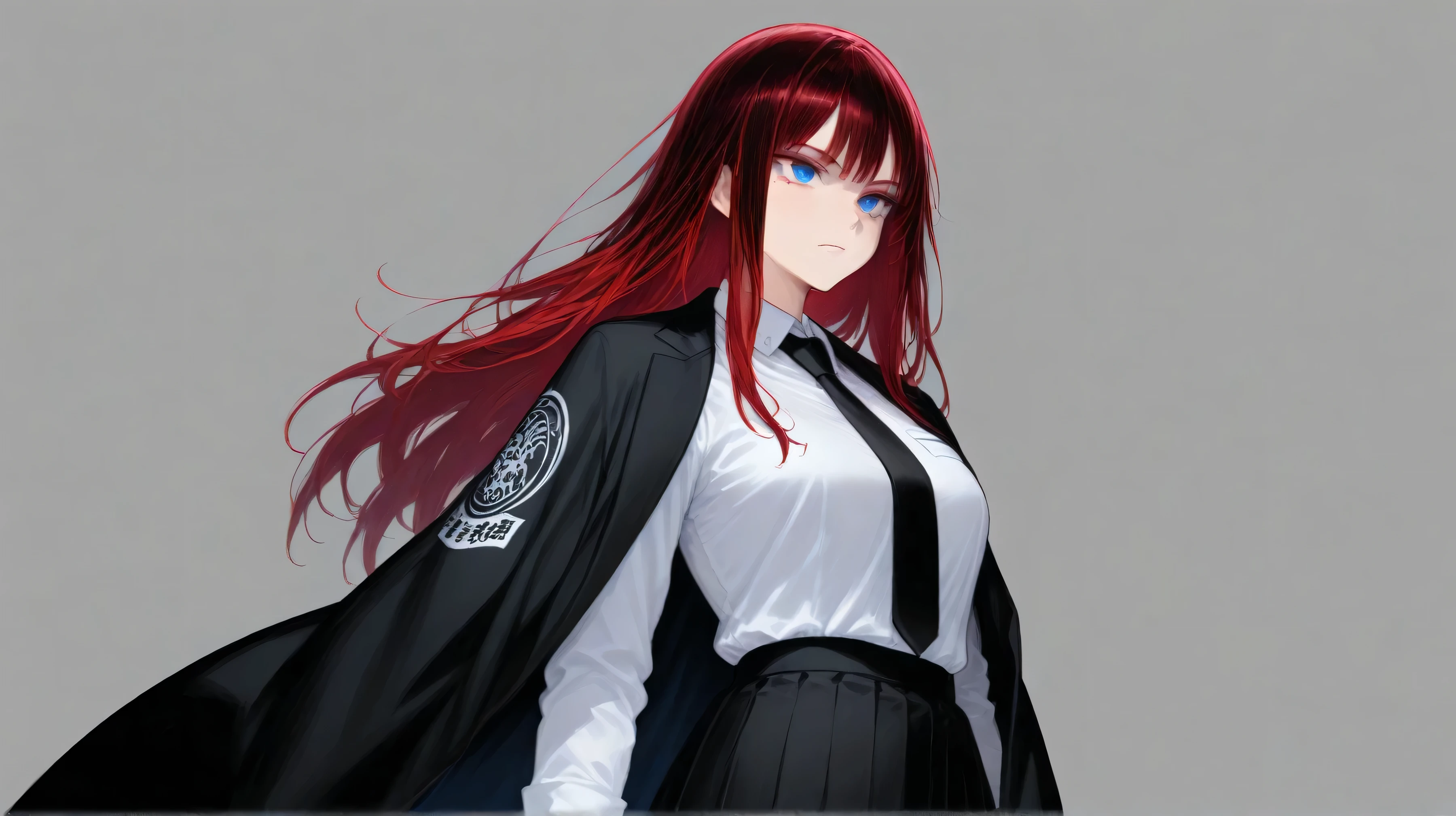 Solo character female Yakuza Black Skirt , Black/white cool Shirt uniform , blue eyes, leader Cloak,Long hair, Black and Red under hair lines,
