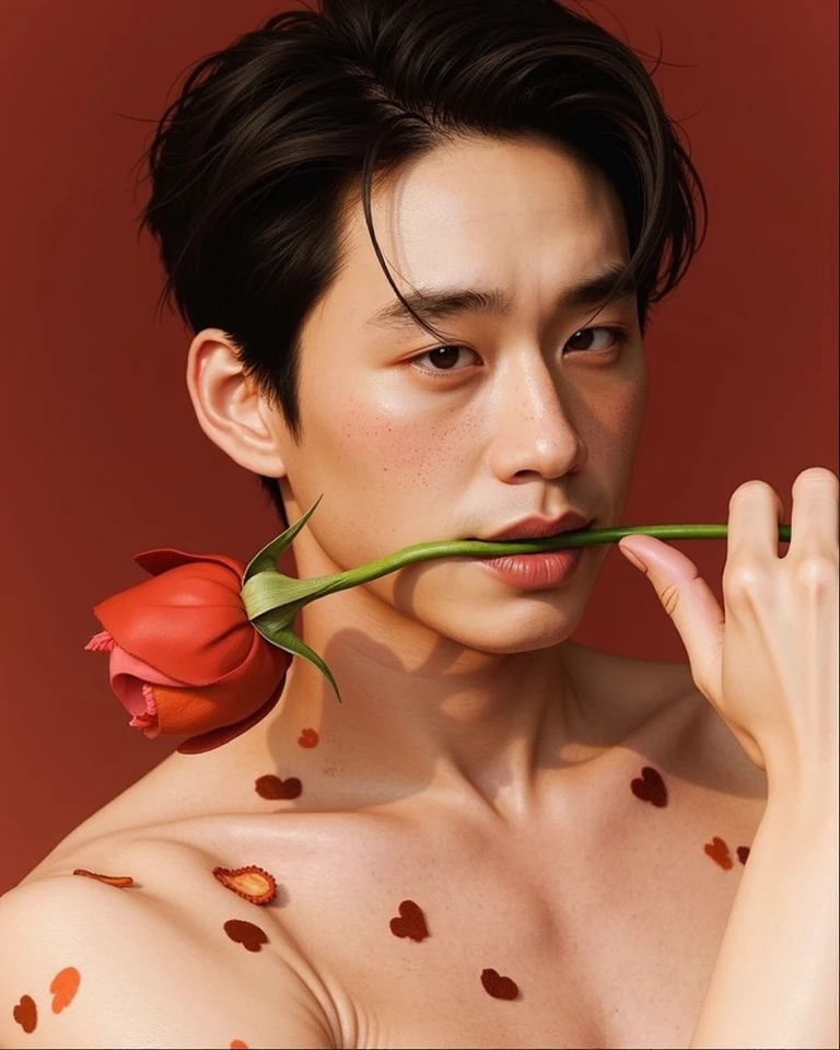 best quality,masterpiece,Ultra high detail,A handsome muscular Chinese man,Short black hair, eyes closed, topless,Flowers on his shoulder, With flowers in his black micro thong, realistic, Grey background,red, pink and white rose flowers, flowers on his head
