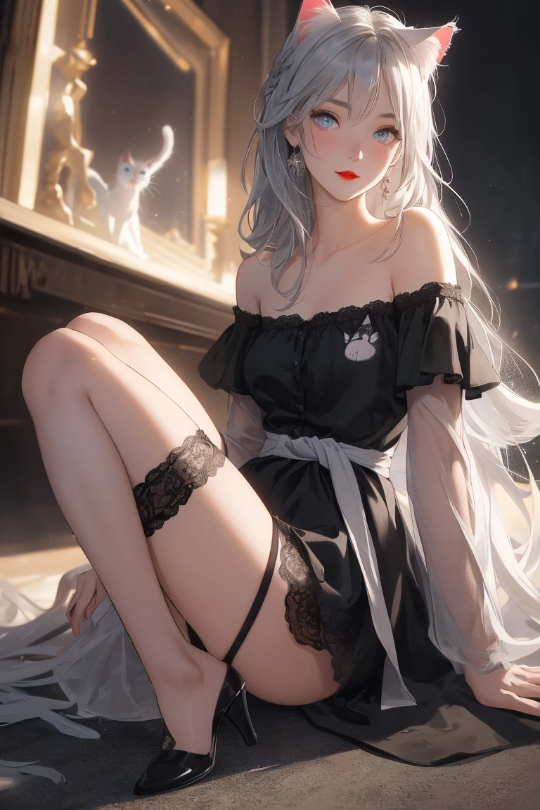 beautiful girl,Silver Hair,sexy,(Backwards,look back)Gothic Lolita Fashion,Beautiful room,Beautiful eyes