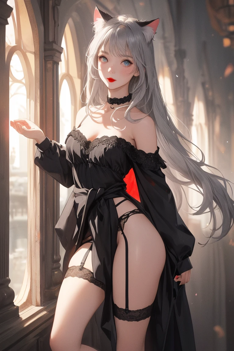 ((best quality)), ((masterpiece)), (detailed), NSFW, small breasts, prominent collarbones, skinny arms, flat stomach, visible hip bones, long hair, red hair, white hair, blonde hair, dark hair, ponytail, thick ponytail, heavy ponytail, red and white clothing, Bloodborne inspired, occult aesthetic, occult, detailed and intricate steampunk and detailed gothic, NSFW Fluttering lace frilly petticoats, pleated petticoats 