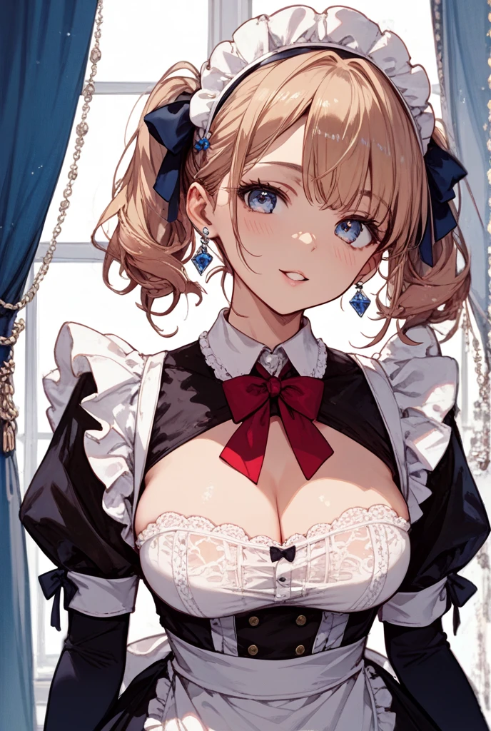 (Masterpiece, Top quality: 1.5), (French maid:1.4),(off shoulder:1.3) ,rabbit ears:1.2, 1 beautiful girl, solo, blond hair, Braided hair, medium hair, wave hair, (junior high school student:1.2), big breasts, cleavage, standard weight, smile:1.2, blush:1.4, open mouth, dynamic pose, beautiful scene, magnificent panorama view