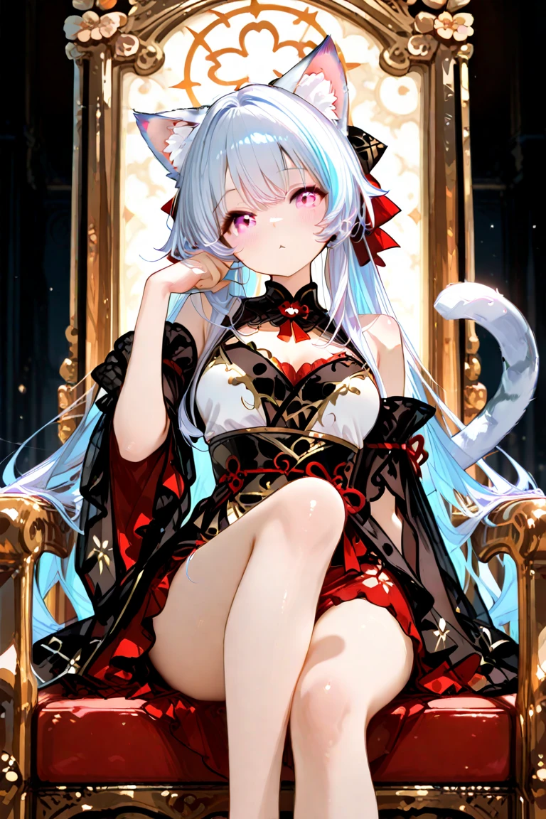 (best quality), (masterpiece), One female, gray hair, Patsun long hair, gossiper, red eyes, Princess, Bamboo forest with big moon in the background