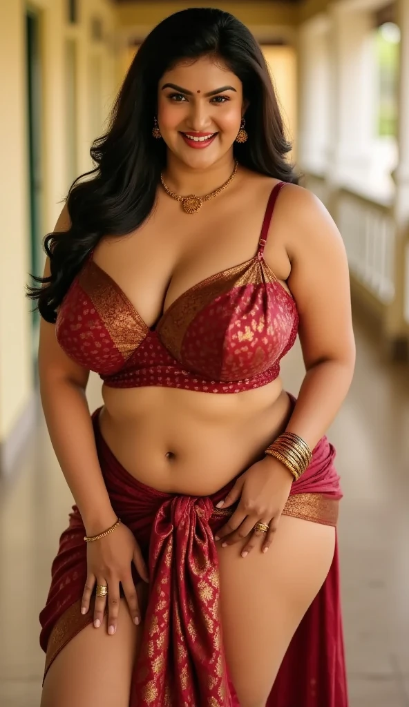 (RAW, best quality,4k,8k,highres,masterpiece:1.2) Indian woman wearing helter Bra (bra, petticoat), 20 years old, (chubby cheeks:0.9), (chubby fat big body:1.1), Big fat Chest, big fat breasts Big fat Cleavage (bindi), (vermilion), An Indian beauty, charismatic, dark-skin, view the viewer, naughty kissing lips , Indian slums
