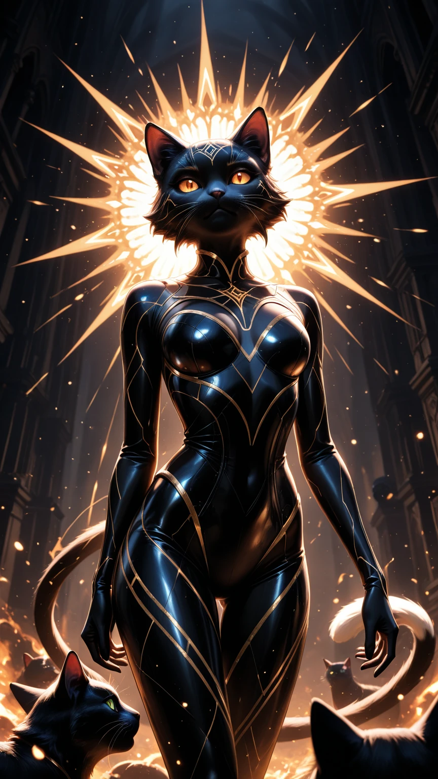 photography model shoot of a Catwoman wearing a catwoman mask angelic lighting, low angle, epic volumetric lighting, god ray, centered, full body, fire, sparkling eyes, caustics, character focus, perfect anatomy, realistic, photorealistic, flirting eyes, stare at the viewer