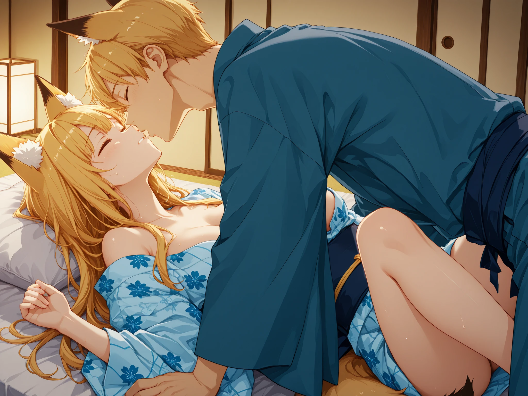 {{Woman in Japanese Kimono}},金髪,ロングヘアー, ultra-aesthetic, anime style,夜間,神社の境内,yukata, smile,nsfw人間の男,fox_ears, blonde long hair, fox_tail,man, exhausted, woman, worried, trying to help, emotional, supporting each other,man and girl are lying down, male kiss girl, girl is sleeping next to man,{man grope girl's breasts}
